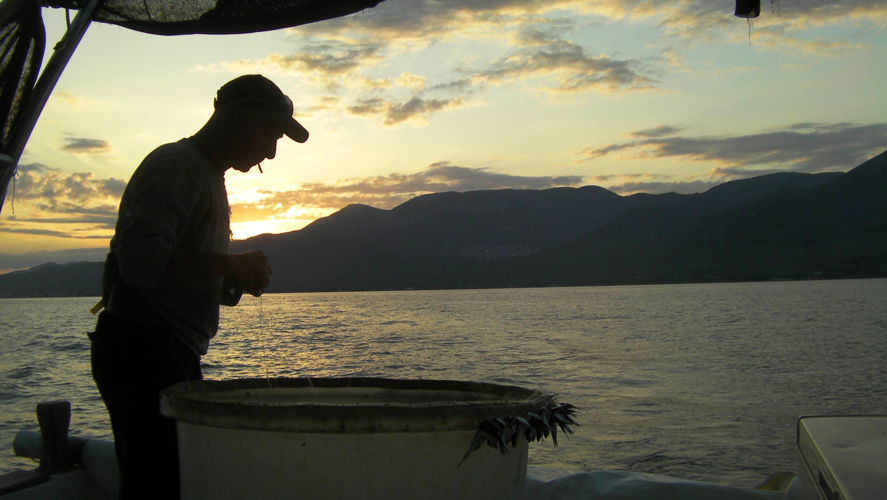 Fishing with a boat on Thassos island, Greece
